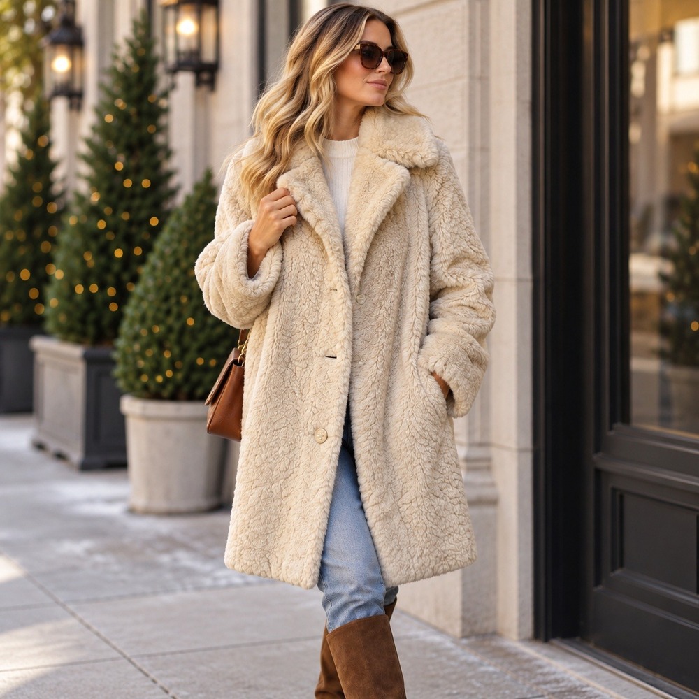 Vintage 1960s Faux Persian Lamb Fur Coat Cream Plush Teddy Long Jacket M/L